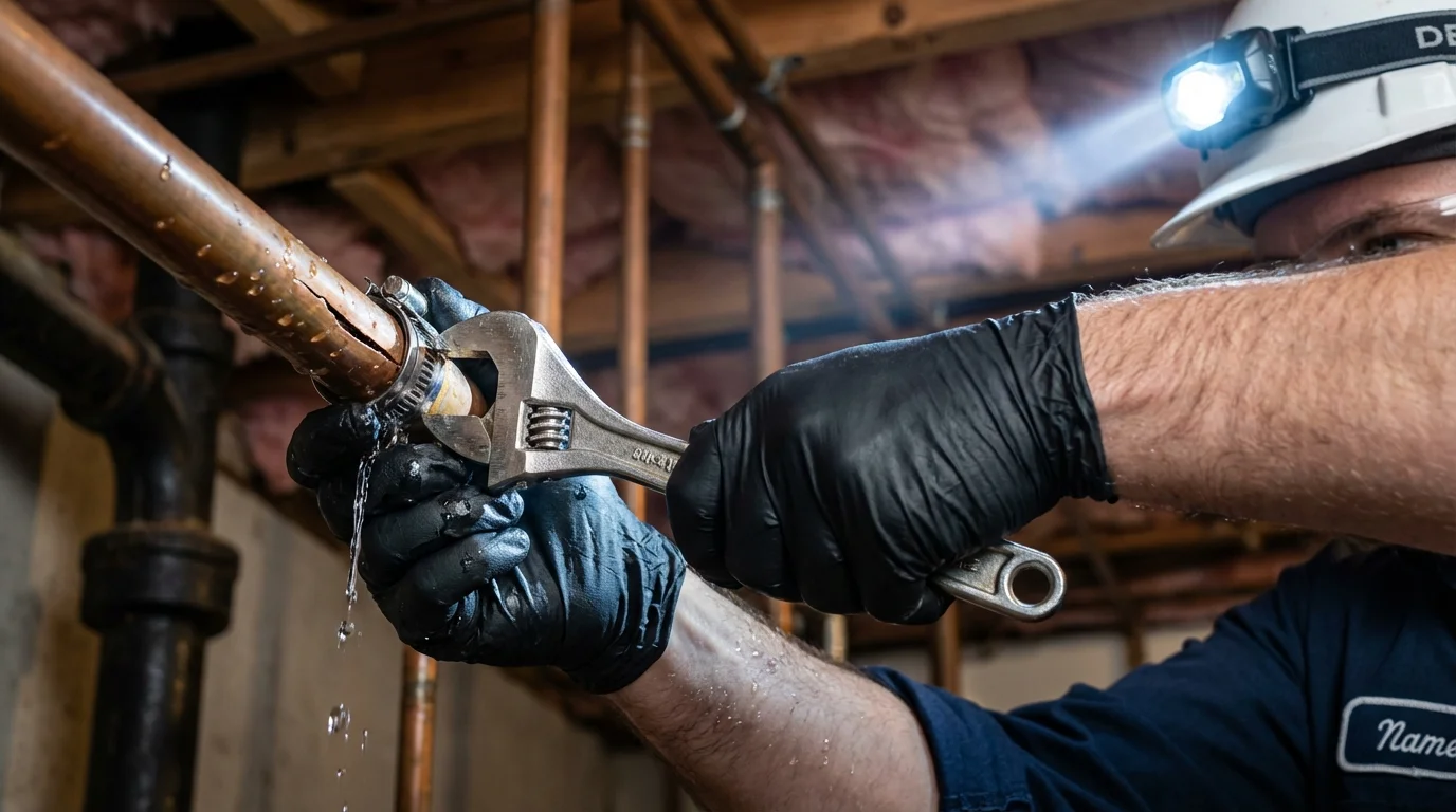 Emergency pipe clamp repair being performed by a Johns Plumbing LLC plumber in Sharon