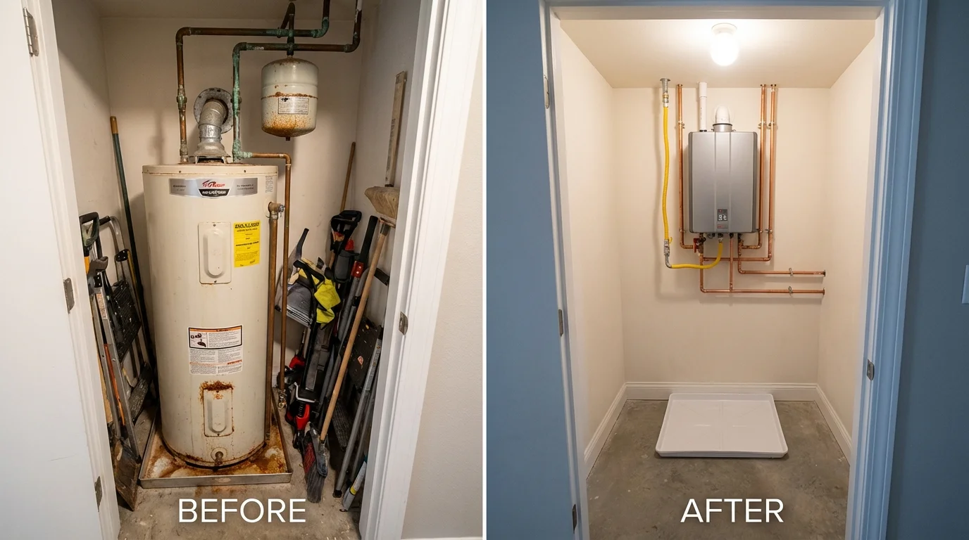 Tank water heater versus wall-mounted tankless unit comparison for Sharon, PA homeowners