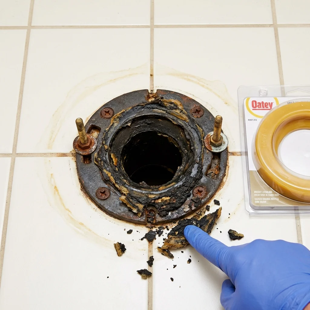 Failed wax ring showing water seepage at the base of a toilet in a Sharon, PA home