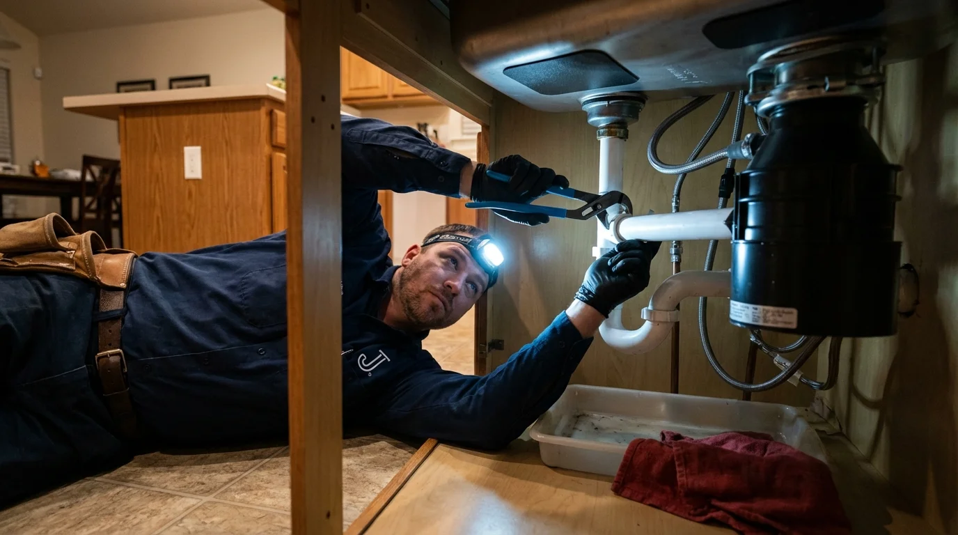 P-trap and supply line connections under a kitchen sink showing a common leak point in Sharon, PA